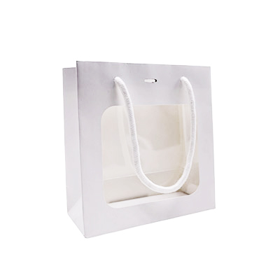 Sacs pelliculés blanc mat avec fenêtre - 18 + 8 x 19 cm - Sacs pelliculés unis, poignées cordelette