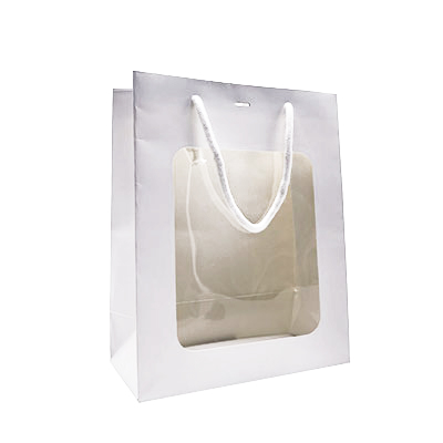 Sacs pelliculés blanc mat avec fenêtre - 22 + 11 x 28 cm - Sacs pelliculés unis, poignées cordelette