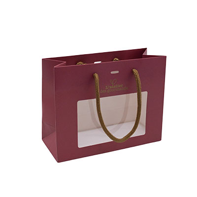 Sacs papier kraft à fenêtre poignées cordelettes - 22+9x17cm - collection Épicerie Fine bordeaux - Sacs pelliculés à motifs