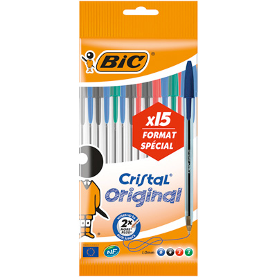 Stylos Bic cristal - 4 couleurs - lot de 15 - Stylos à bille