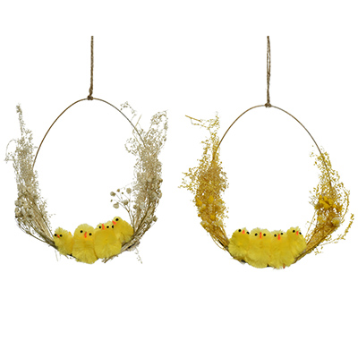 Suspension oeuf avec fleurs séchées et poussins - Décors de Pâques