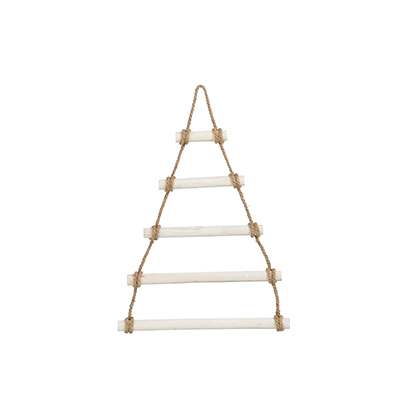 Sapin à suspendre en bois blanchi et corde - Hauteur 68 cm - Décors en métal et bois