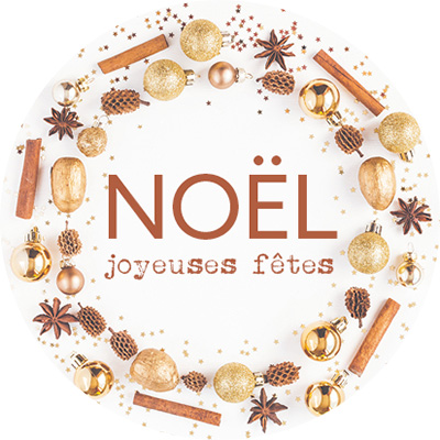 Étiquettes adhésives rondes NOËL joyeuses fêtes cuivre et or avec décors - Étiquettes cadeaux Noël