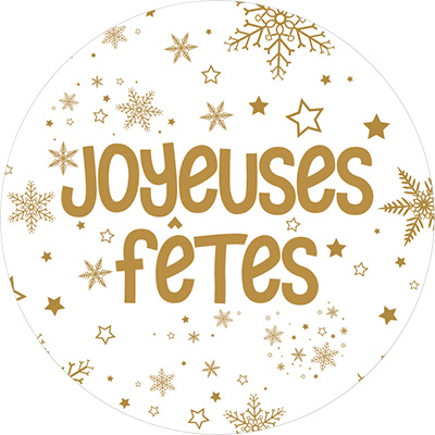 Étiquettes cadeaux adhésives rondes Joyeuses Fêtes flocon or/blanc ø65 mm – Paquet de 200 - Étiquettes cadeaux adhésives