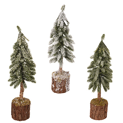 Mini sapin de Noël enneigé sur support bois - vert - H 26 cm - Petits décors d'étalage