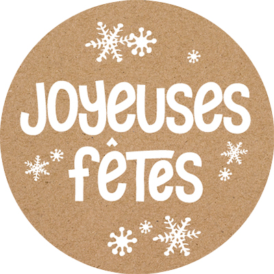 Étiquettes cadeaux adhésives rondes Joyeuses Fêtes flocons brun/blanc ø35 mm – Paquet de 500 - Étiquettes cadeaux adhésives