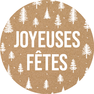Étiquettes cadeaux adhésives rondes Joyeuses Fêtes sapins brun/blanc ø35 mm – Paquet de 500 - Étiquettes cadeaux adhésives