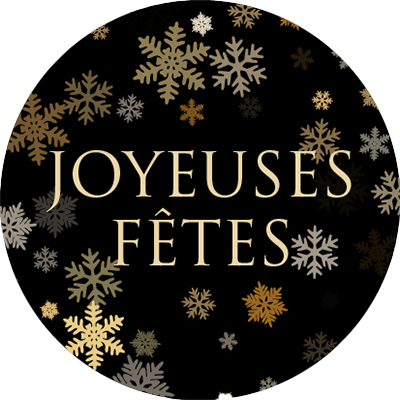Étiquettes cadeaux adhésives rondes Joyeuses Fêtes flocons noir/or ø35 mm – Paquet de 500 - Étiquettes cadeaux adhésives